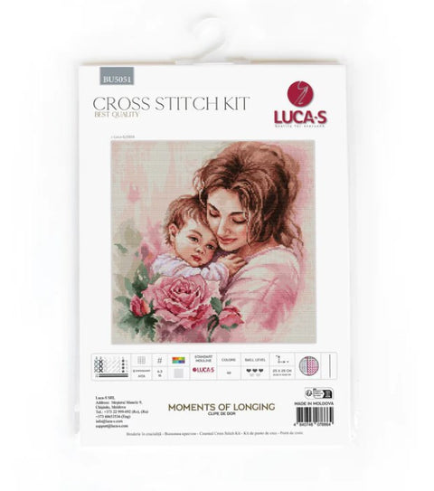 Kryželių siuvinėjimo rinkinys LUCA-S Moments of Longing — motinos ir vaiko rožinė kompozicija ant pakuotės, komplekte 25×25 cm drobė