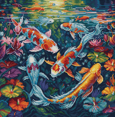 koi karpiai siuvinėjimo rinkinys ryškiomis oranžinėmis, mėlynomis ir auksinėmis spalvomis, 50×50 cm