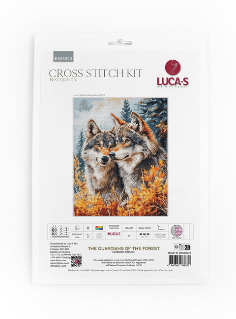 kryželių rinkinys LUCA‑S su rudenišku vilkų paveikslu, komplektas 25×32 cm ant pakuotės, pilnas spalvotų siūlų