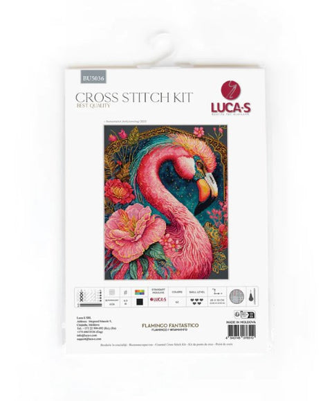 Kryželių rinkinys LUCA‑S su ryškiai rožiniu flamingo ir stambiais rožių motyvais, pakuotės priekinė etiketė rodo dizainą ir komplekto turinį