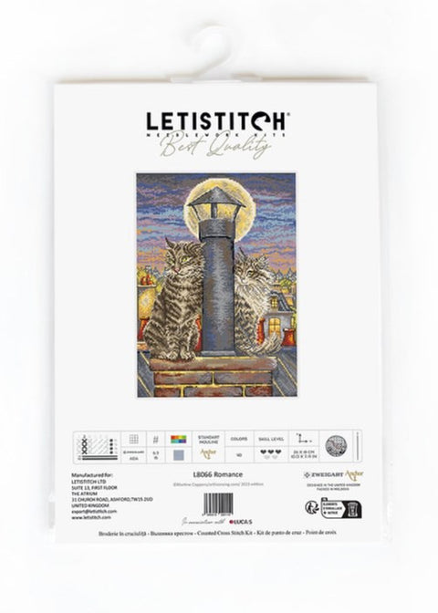 Siuvinėjimo rinkinys Letistitch su romantišku kačių dizainu ant kaminėlio naktinėje scenoje, pakuotės priekinis lapas