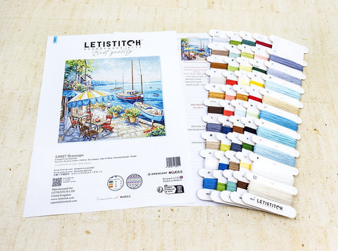 Kryželių rinkinys Letistitch Seascape su spausdintu modeliu ir išrikiuotomis daugiaspalvėmis siūlų kortelėmis, paruoštas siuvimui