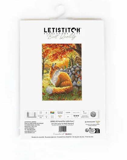 Siuvinėjimo rinkinys LETISTITCH su rudenine lapės kompozicija, pakuotės priekinis vaizdas ir komplekto turinys