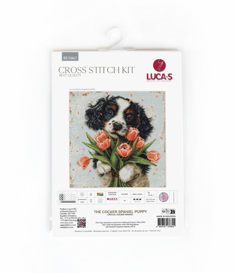 Kryželių rinkinys LUCA‑S, pilnas komplektas su koker spanielio šuniuku ir rožinėmis tulpėmis, pakuotės priekinė etiketė, modelis 27×27 cm