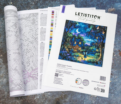 Siuvinėjimo rinkinys Letistitch Luna's Garden, komplektas su spalvotu viršeliu ir detalizuotu simbolių žemėlapiu