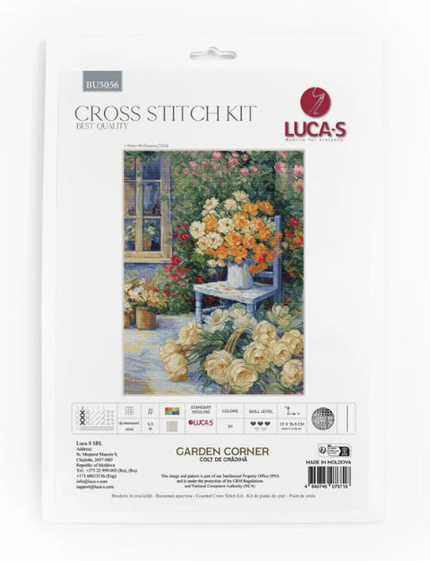 Siuvinėjimo rinkinys Luca‑S Garden Corner — pakuotės priekinė dalis su spalvingu sodo gėlių raštu ir siūlų lentele