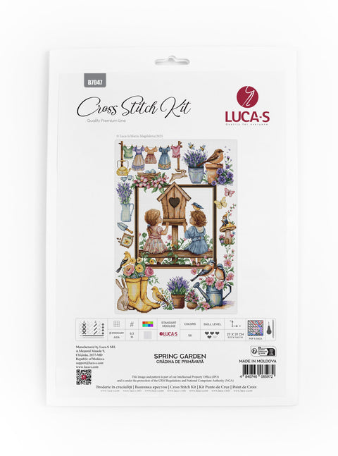 kryželių rinkinys LUCA‑S Spring Garden baltame pakuotės lape, matomas spalvotas sodo motyvas, dydis ir spalvų legenda