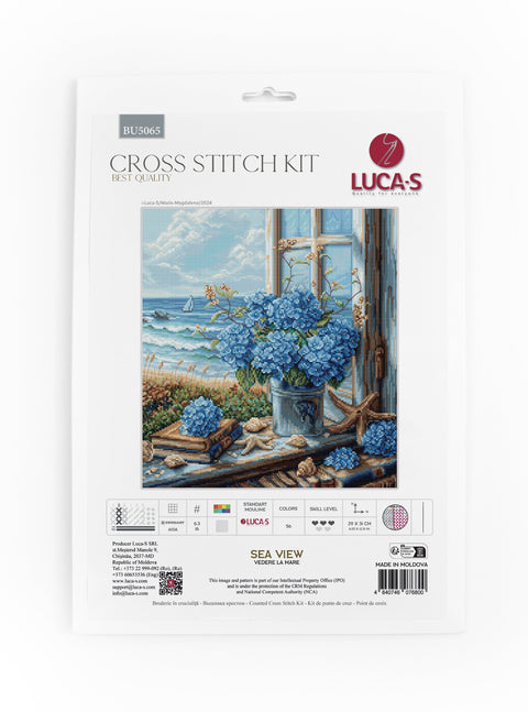 kryželių rinkinys LUCA‑S Sea View su mėlynų hortenzijų pajūrio motyvu ant pakuotės priekinio viršelio, parodytas modelis ir dydis 29×31 cm