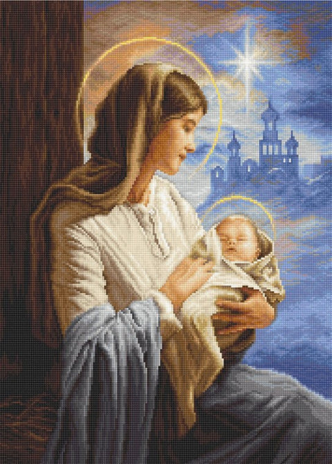 Paveikslas Madonos su kūdikiu, aureolėmis, mėlynais ir smėlio tonais, vertikalus tapybos variantas, artimas planas