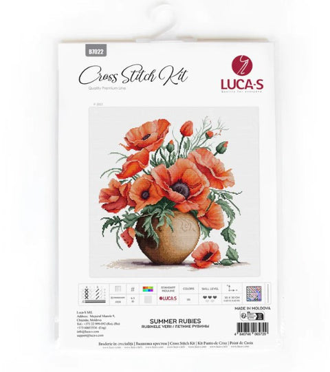Kryželių rinkinys LUCA‑S su oranžinių aguonų kompozicija ant pakuotės, priekinis įpakavimas ir spalvų paletė