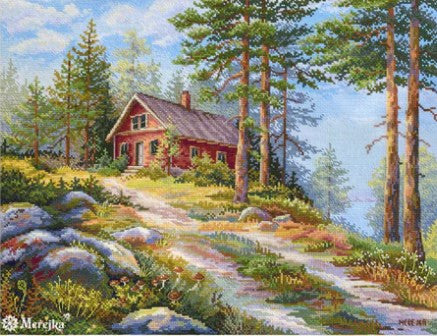 Kryželių siuvinėjimo rinkinys Merejka — miško pakrantės motyvas su raudonu namu, aukštos detalizacijos 40×30 cm