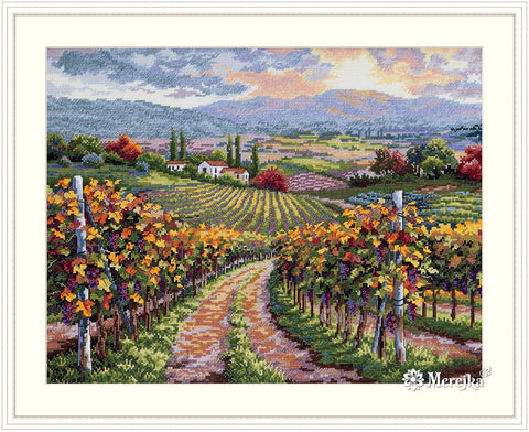 Kryželių rinkinys rudeniškas vynuogyno peizažas, sodrios spalvos, 40×30 cm rėminis variantas su Merejka logotipu apatiniame dešiniajame kampe