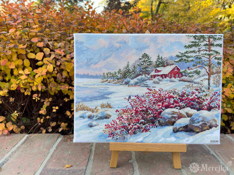 Siuvinėjimo kryželiu rinkinys Merejka „Ežero namas“ 30x40 cm dovanai