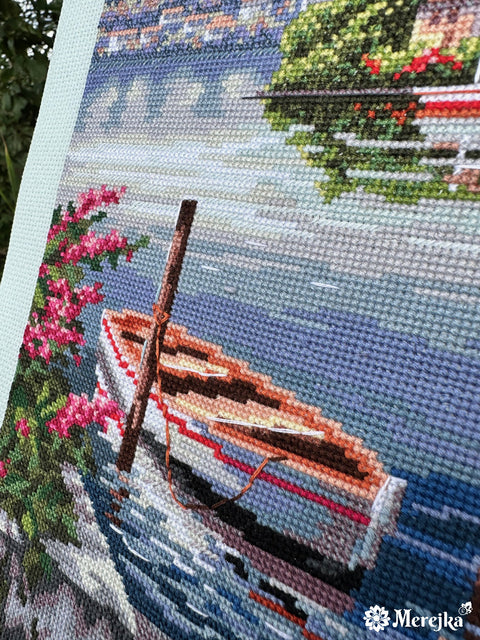 Elegantiškas Merejka kryželių siuvinėjimo rinkinys Lago del Porto, 31,5x41,5 cm