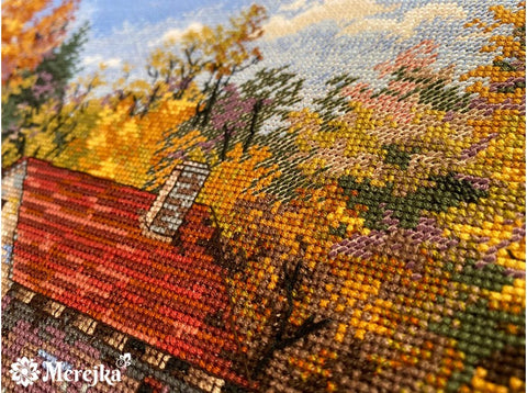 Kryželių rinkinys Merejka — rudeniškų geltonų, oranžinių ir raudonų atspalvių artimos siūlių ir drobės detalės