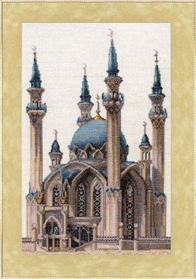 kryželių rinkinys: detalus mečetės motyvas su mėlynu kupolu, smėlio ir auksiniais tonais bei aukštais minaretais, frontalinis pilnas vaizdas