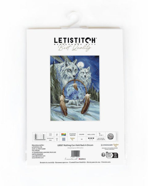 Kryželių rinkinys Letistitch su mėlynos nakties vilkų ir gaudyklių piešiniu ant pakuotės, pilnas komplektas