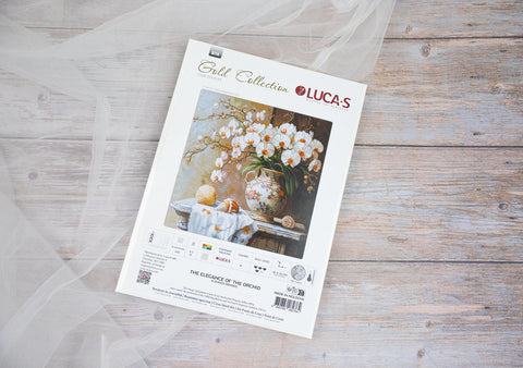 Kryželių rinkinys LUCA‑S Gold Collection su orchidėjų motyvu, pakuotėje schema ir siūlai, baigtinio darbo dydis 32×32 cm