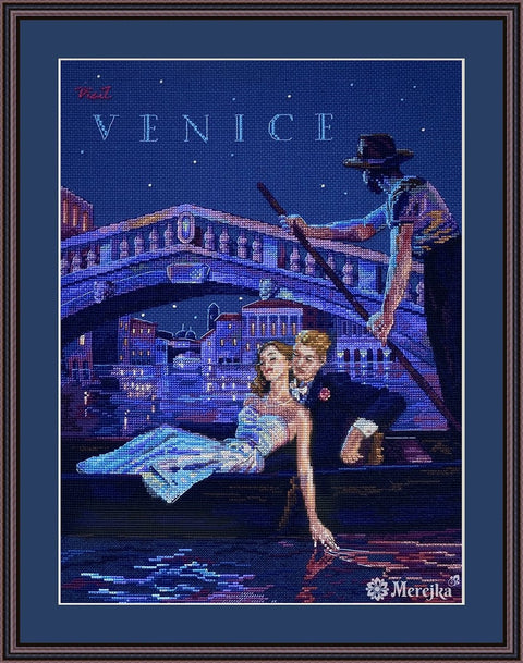 Kryželių rinkinys Merejka Venice, naktinė mėlyna gondolos scena porai, skirtas rėminimui ir dovanojimui