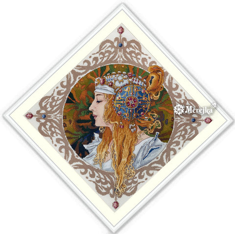 Siuvinėjimo rinkinys Merejka — ornamentinis moters profilis, aukso ir žalių tonų detalės, kvadratu pasuktas rėmas