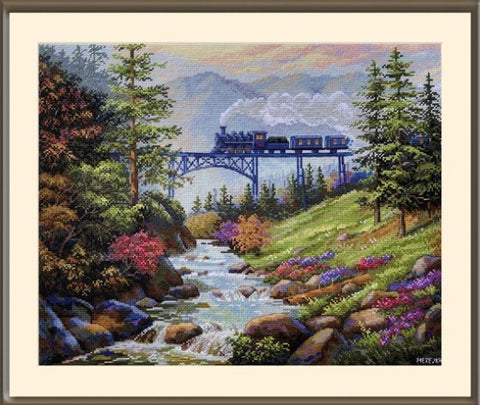 paveikslas garvežio ant tilto per upelį kalnų peizažas rėmuotas, ryškūs žalsvi ir violetiniai tonai, 60×50 cm