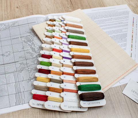 Siuvinėjimo siūlų komplektas LETISTITCH su daugiau nei 30 spalvų ant kortelių, gretinama Aida drobe ir rašto lentele, rodoma iš viršaus