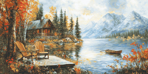 drobė su rudenišku ežero peizažu, horizontali 80×40 cm, pabrėžia lieptą su medinėmis kėdėmis ir valtį prie kalnų