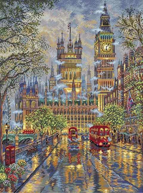 diamond painting rinkinys Londono lietaus scena su Big Benu, raudonais dviaukščiais autobusais ir blizgiu šlapiu asfaltu, 40×50 cm