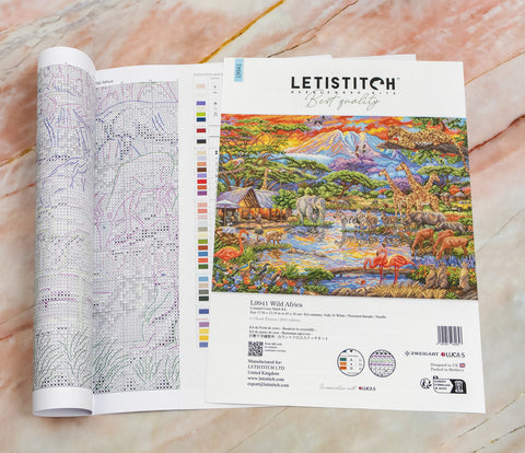 Kryželių rinkinys LETISTITCH Wild Africa komplektas su spalvų lentele, atversta schema ir spalvinimo legenda, pabrėžia raštą
