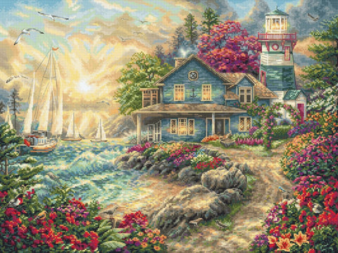 Mozaikinis paveikslas — jūrinis kotedžas su švyturiu, saulėlydžiu ir ryškiomis gėlėmis, 50×70 cm