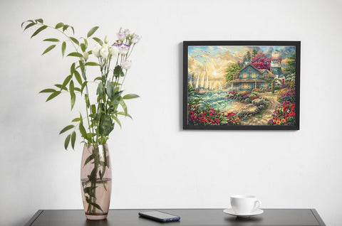 Paveikslas su juodu rėmu, jūrinis kraštovaizdis 60x40 cm pakabintas virš stalo, stilizuotas interjerui dekoruoti