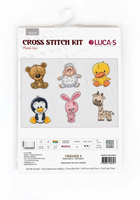 Siuvinėjimo rinkinys LUCA-S, 6 spalvotų gyvūnėlių ornamentų (lokys, avytė, antis, pingvinas, zuikutis, žirafa) pakuotėje