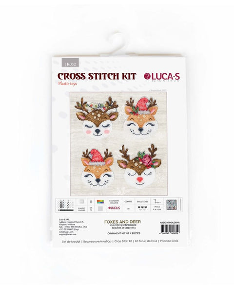 Kryželių rinkinys LUCA‑S: keturi kalėdiniai elnių ir lapės ornamentai ant smėlinio audinio, skirtas dovanai