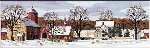 Gobelenas 90×30 cm panoraminė žiemos sodyba su raudonu tvartu ir ėriukais, dekoracijai ant svetainės sienos