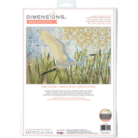 Kryželių rinkinys Dimensions "Egret in Flight" — balta gervė skrieja virš nendrių su auksiniu ornamentu, 14 ct Aida, 35×22 cm