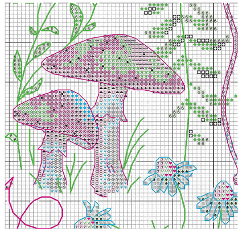 kryželių schema su dviem grybų motyvais ir žiedais, spalvotais simboliais ant tinklelio, skirtas siuvinėjimui
