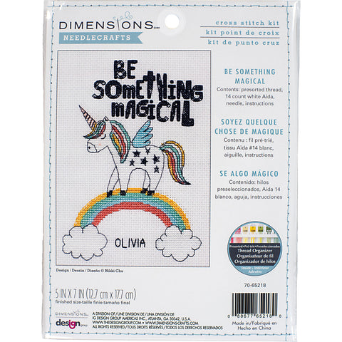 Kryželių rinkinys Dimensions su vienarage ant vaivorykštės, 14 Aida audinys, baigtinis dydis 12,7×17,7 cm, pavyzdinis vardas Olivia