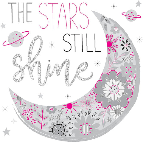 Sienų lipdukas vaikų kambariui su pilkai rožiniu gėlių pusmėnuliu ir užrašu The Stars Still Shine, fronto variantas