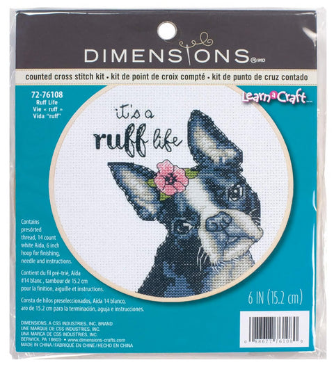 Kryželių rinkinys Dimensions su Bostono terjeru ir rožine gėle, 15,2 cm lankelis, 14 ct balta Aida