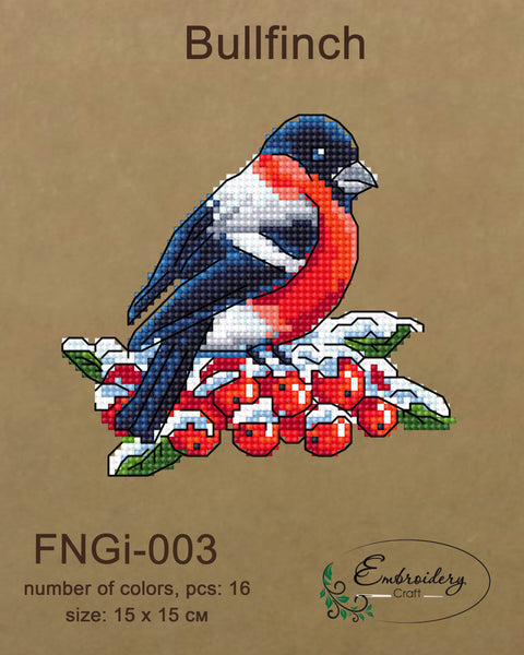 Kryželių rinkinys Bullfinch, 16 spalvų, 15×15 cm, ryškus raudonos ir mėlynos spalvų paukščio motyvas ant rudos pakuotės