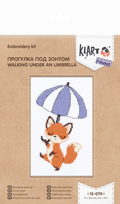 Siuvinėjimo rinkinys Klart: ryškiai oranžinė laputė su mėlynu skėčiu, skirtas 11 × 16,5 cm kryželiui