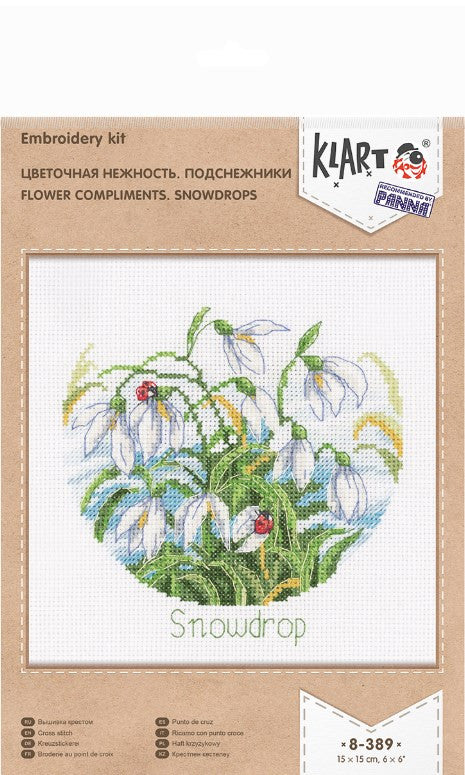 Siuvinėjimo rinkinys Klart Snowdrop su baltomis snieguolėmis ir boružėlėmis, 15×15 cm modelio pavyzdys