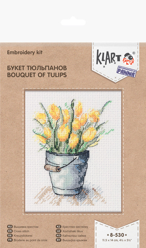 Siuvinėjimo rinkinys Klart su geltonų tulpių puokšte kibirėlyje, 11,5×14 cm drobė ir kryželių technika
