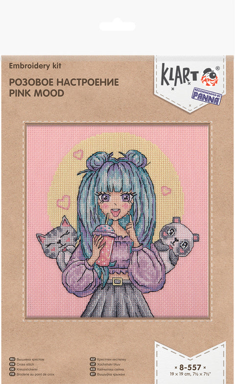 Kryželių siuvinėjimo rinkinys Pink Mood, 19×19 cm dėžutėje su rožiniu fonu ir anime mergaitės dizainu, pakuotės vaizdas