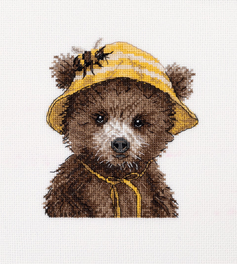 Kryželių siuvinėjimo rinkinys „Mielas meškiukas bitininkas“, 14,5×14,5 cm