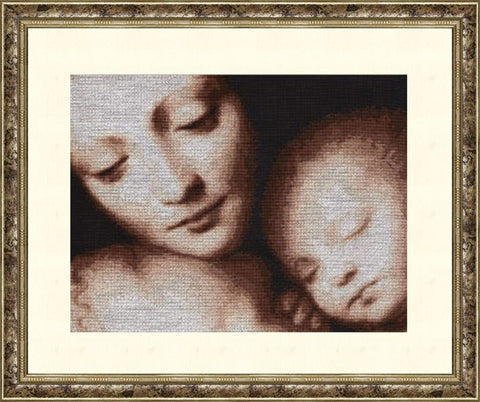 paveikslas siuvinėtas kryželiu, sepijos tonų Madona su miegančiu kūdikiu, auksinio rėmo 50×40 cm