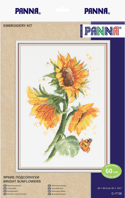 Siuvinėjimo rinkinys Panna – geltoni saulėgrąžų kryželių motyvai su drugeliu, pakuotė ir dydis 24×34,5 cm