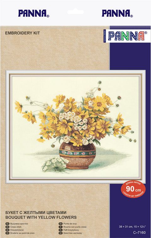 Siuvinėjimo rinkinys Panna su geltonų gėlių puokšte, 38×31 cm dizaino pavyzdys ant pakuotės