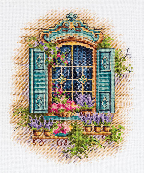 Siuvinėjimo kryželiu rinkinys „Langas ir gėlės“, 18×21 cm