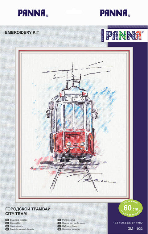Siuvinėjimo rinkinys Panna: miesto raudonas tramvajus priekinėje perspektyvoje, 16,5×24,5 cm, 60 cm siūlų
